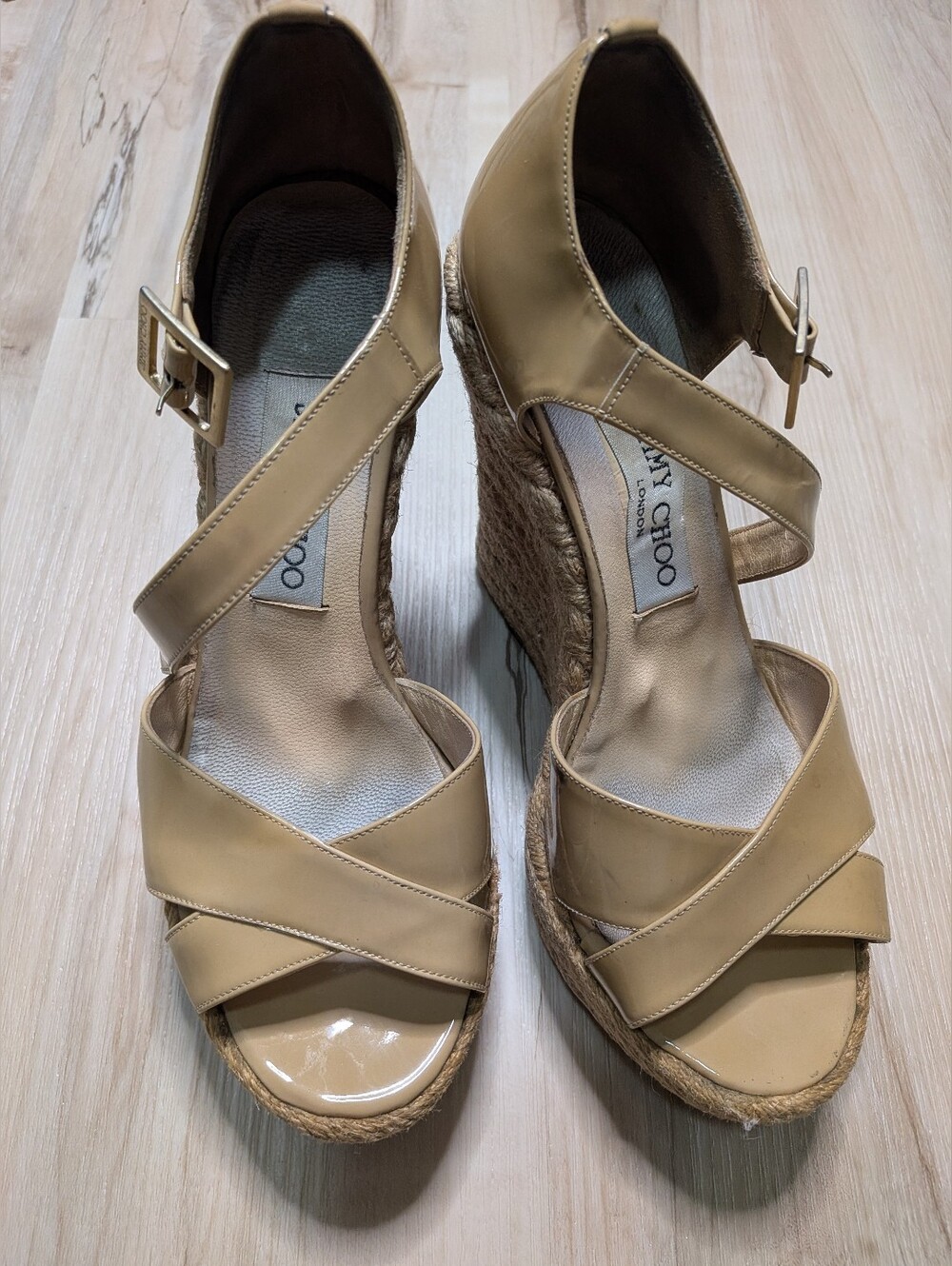 Jimmy Choo Wedges Nude Patent Leather with Ankle Strap